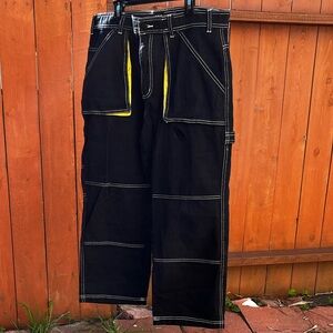 Urban Outfitters Black Contrast Stitch Baggy Cargo Pants with Yellow Accents